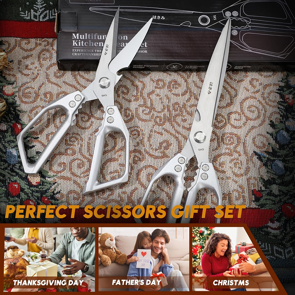 Kitchen Scissors Set 2pc Heavy Duty Stainless Steel Meat Shears Dishwasher Safe - Sharp Poultry Shears for Chicken Bones Turkey Fish 7-Inch Blade Ergonomic Handle Gift Box, Red/Black/Black & White