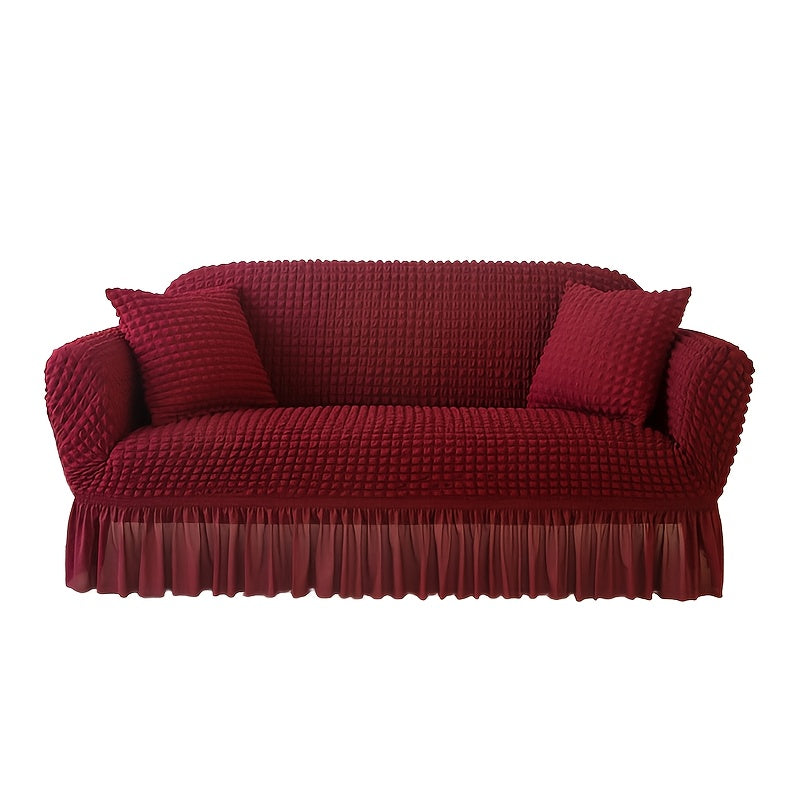 Seersucker Sofa Cover All-In-One Stretch Slipcover – Elastic Band Polyester Spandex Machine Washable Couch Protector for Armchair Loveseat 1 2 3 4 Seater Solid Color