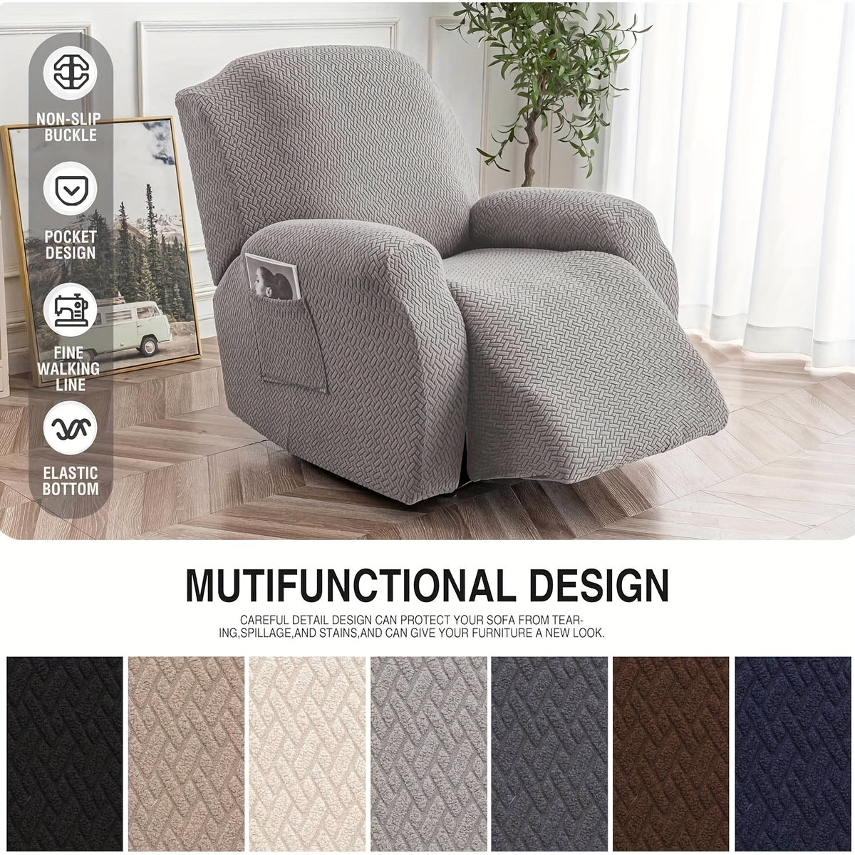 Recliner Sofa Cover 4pcs Set Jacquard Velvet High Elastic with Pocket – Removable Washable Chair & Sofa Protection Cover for Home Hotel, 7 Colors
