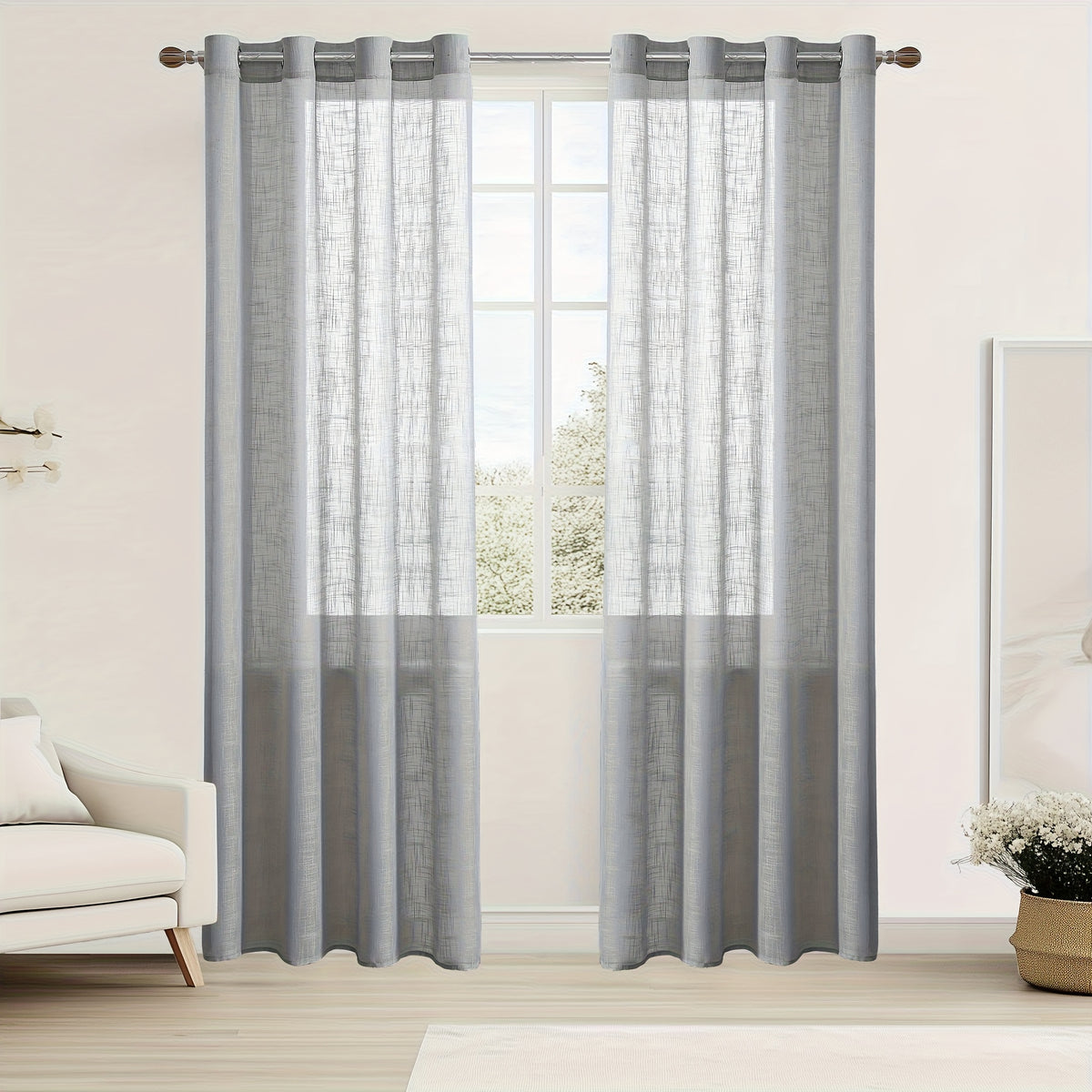 Linen Textured Semi-Sheer Grommet Curtains – Light Filtering Farmhouse Panels | Set of 2