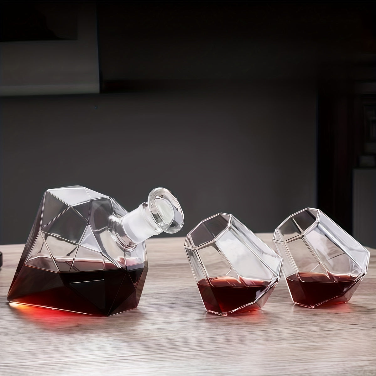 Diamond-Cut Whiskey Decanter Set with 2 Glasses & Wooden Rack – Creative Brick & Stone Pattern Liquor Holder for Bourbon, Scotch, Rum & Vodka | Unique Gift for Men