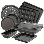 10-Piece Non-Stick Carbon Steel Bakeware Set – Cookie Sheet, Muffin Tray, Pizza Pan, Cake Tin & Roasting Dish, Complete Oven Baking Pans for Home Kitchen, Standard, Pink & Black