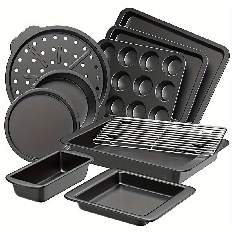 10-Piece Non-Stick Carbon Steel Bakeware Set – Cookie Sheet, Muffin Tray, Pizza Pan, Cake Tin & Roasting Dish, Complete Oven Baking Pans for Home Kitchen, Standard, Pink & Black