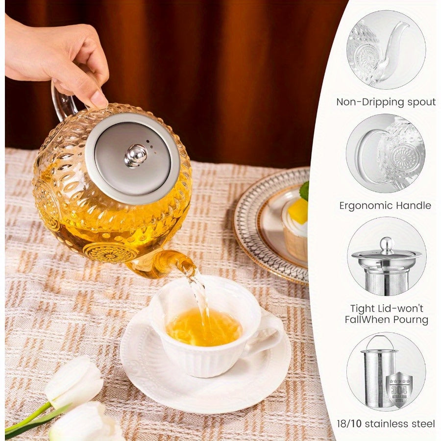 Vintage Glass Teapot with Removable Infuser 50oz 1500ml Stovetop Safe Borosilicate Tea Kettle for Blooming Loose Leaf Herbal Tea Sunflower Relief Design