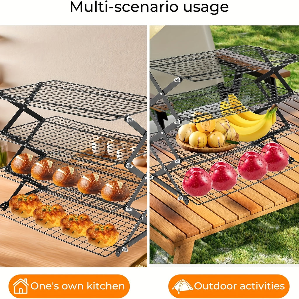 Foldable Cooling Rack 4-Tier Baking Wire Rack with 20pcs Parchment Paper – Collapsible Roasting Grilling Rack for Oven, Camping & Picnic