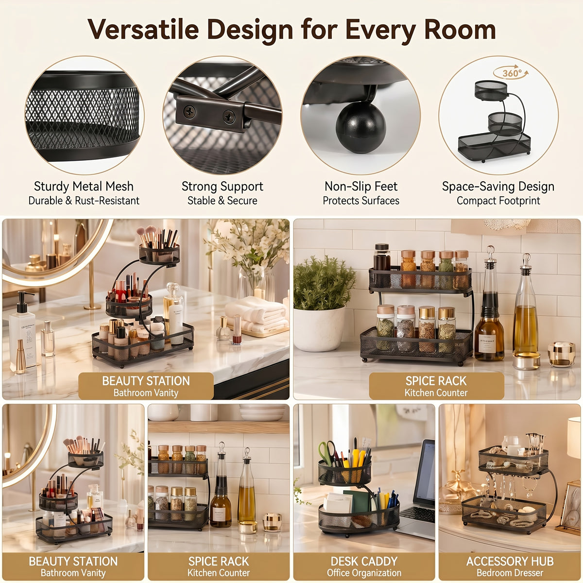 3-Tier Metal Mesh Countertop Storage Rack with Hooks, Space-Saving Organizer for Bathroom & Kitchen – Heavy-Duty Cosmetic, Perfume & Toiletry Display Stand, Black or White, Mini Available