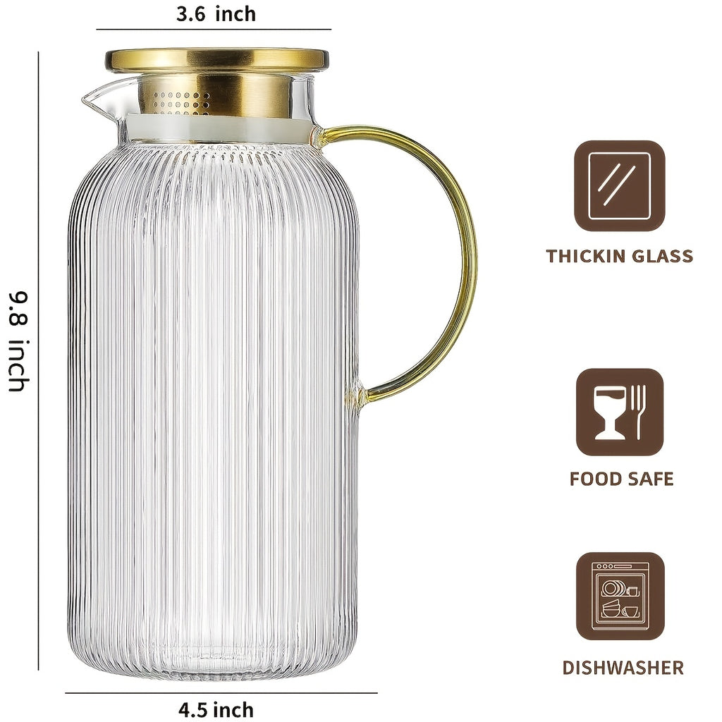 Glass Water Bottle Set of 2 68oz 2 Liter with Lid Vertical Stripe Heat Resistant Glass Water Jug for Cold Brew Coffee Lemonade Iced Tea Milk Beverages