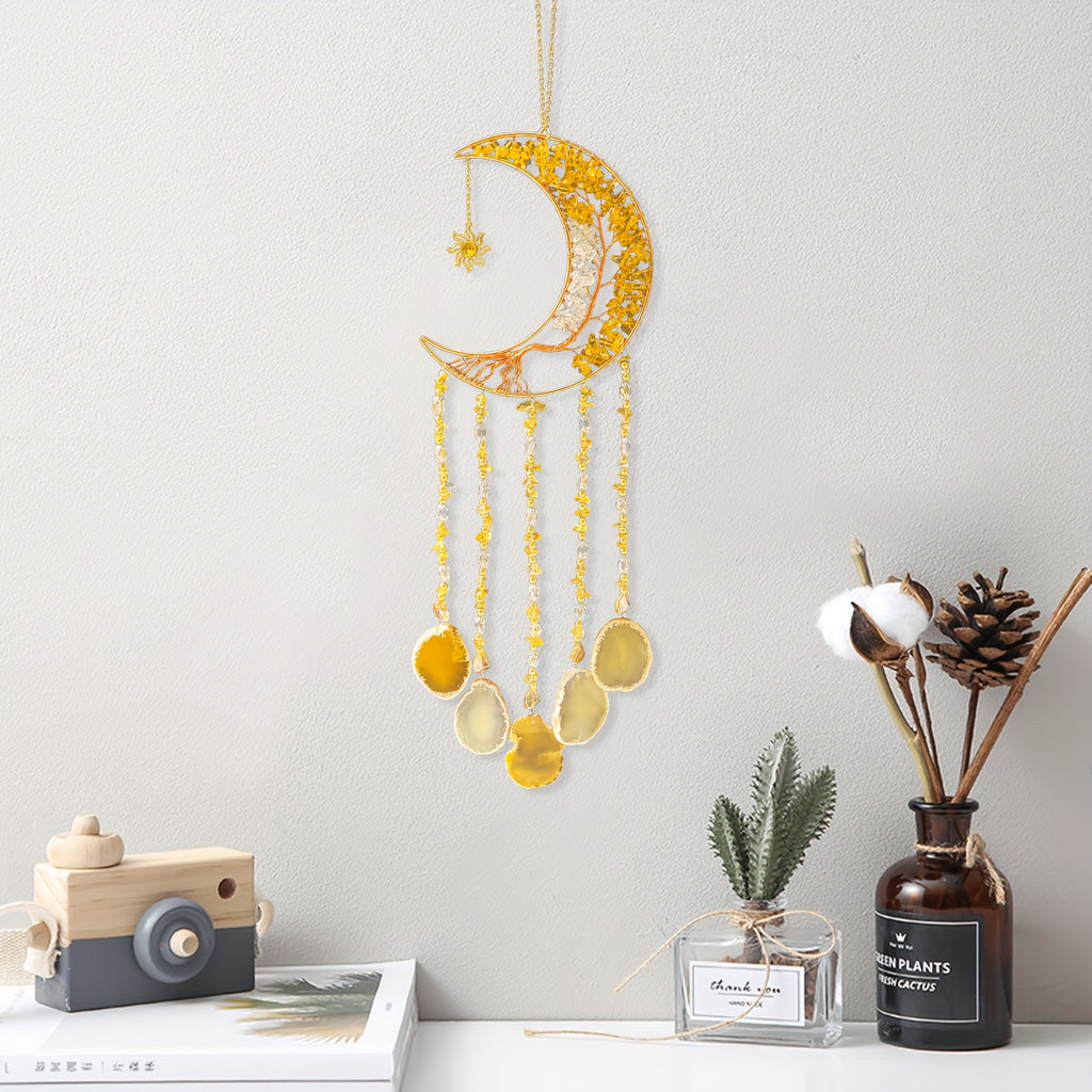 Handmade Moon Agate Tree Hanging Ornament – Boho Suncatcher Crystal Wall Decor | Birthday, Christmas & Holiday Gift for Mom, Friends & Her