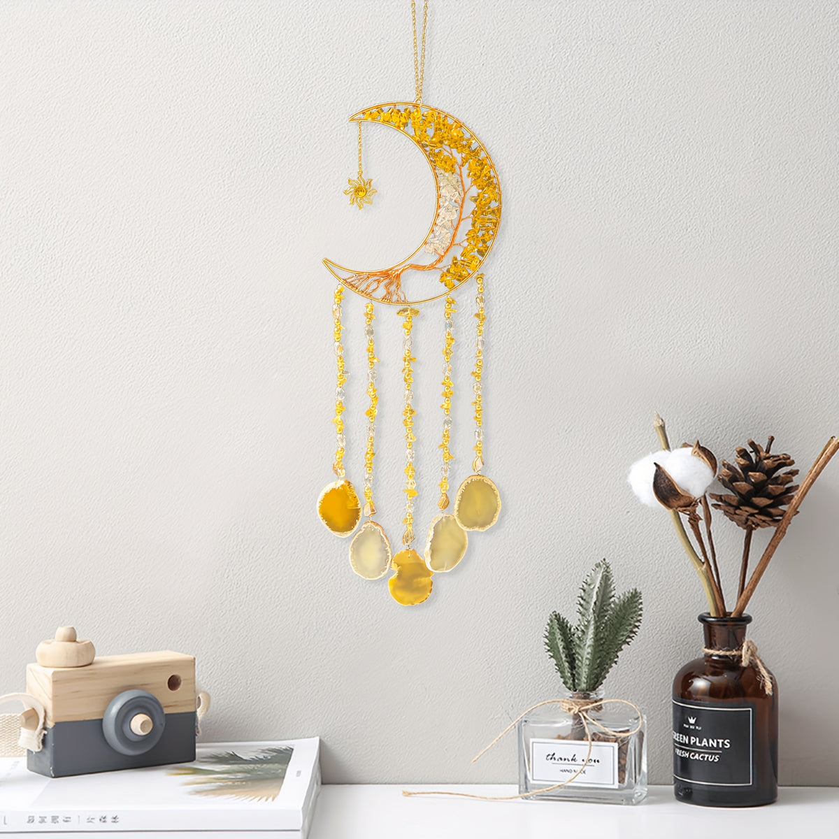 Handmade Moon Agate Tree Hanging Ornament – Boho Suncatcher Crystal Wall Decor | Birthday, Christmas & Holiday Gift for Mom, Friends & Her