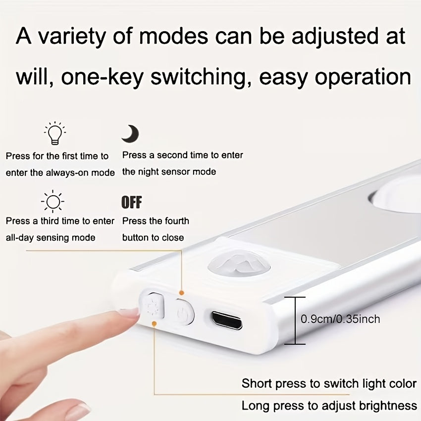 LED Motion Sensor Light Strip USB Rechargeable – Under Cabinet Wardrobe Night Light, 3 Color Modes, Self-Adhesive Magnetic Mount for Kitchen, Bedroom & Shoe Cabinet | 20/30/40cm