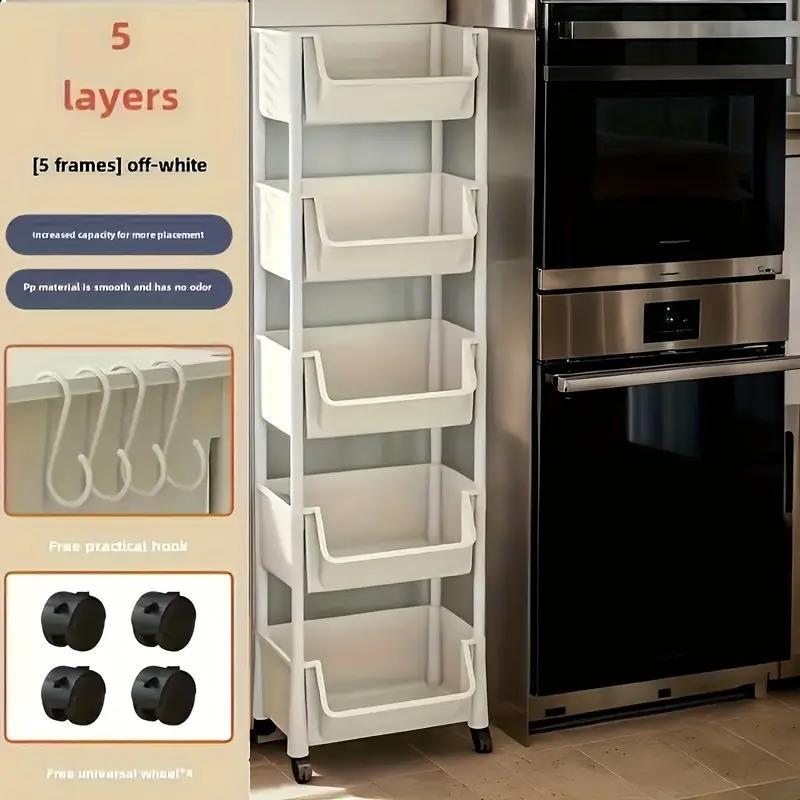 5-Tier Plastic Storage Rack with Lid & Hooks – Heavy-Duty Floor Standing Shelf Organizer for Kitchen, Entryway, Shoes, Books, Pots & Pans