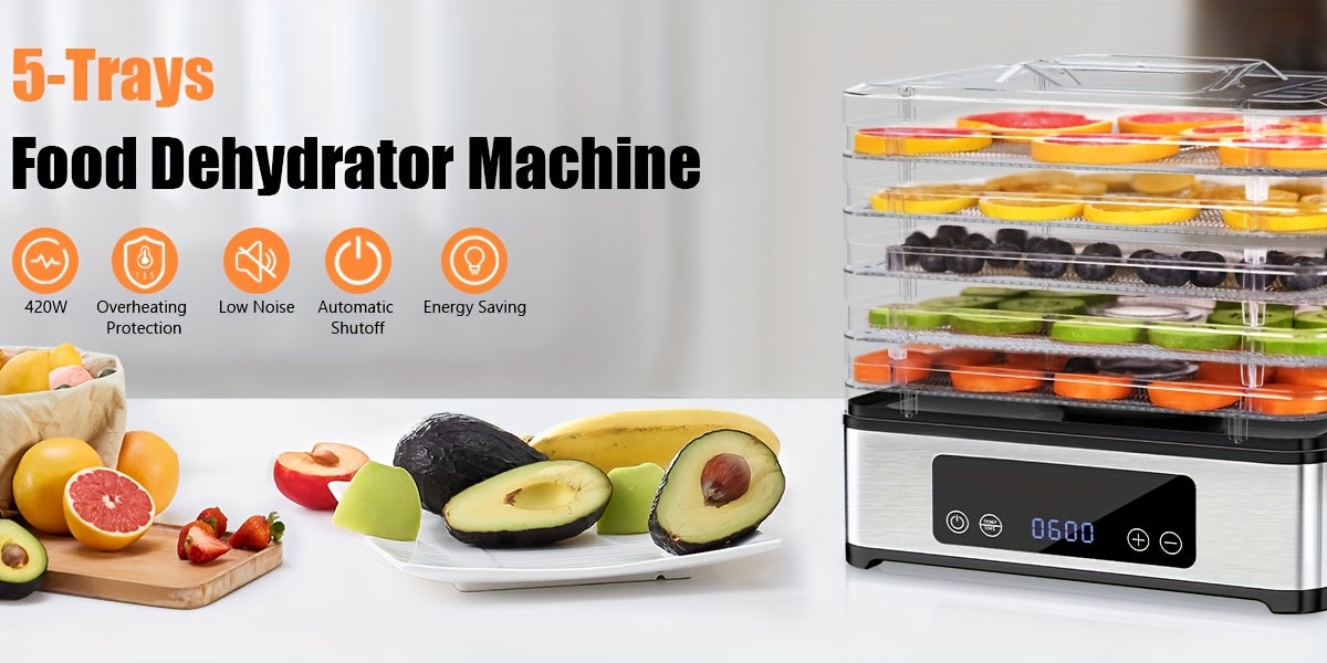 Food Dehydrator Machine 5 Stainless Steel Trays 420W 48H Timer 95-160F Temp Control for Jerky Herbs Meat Fruit with Recipe Book