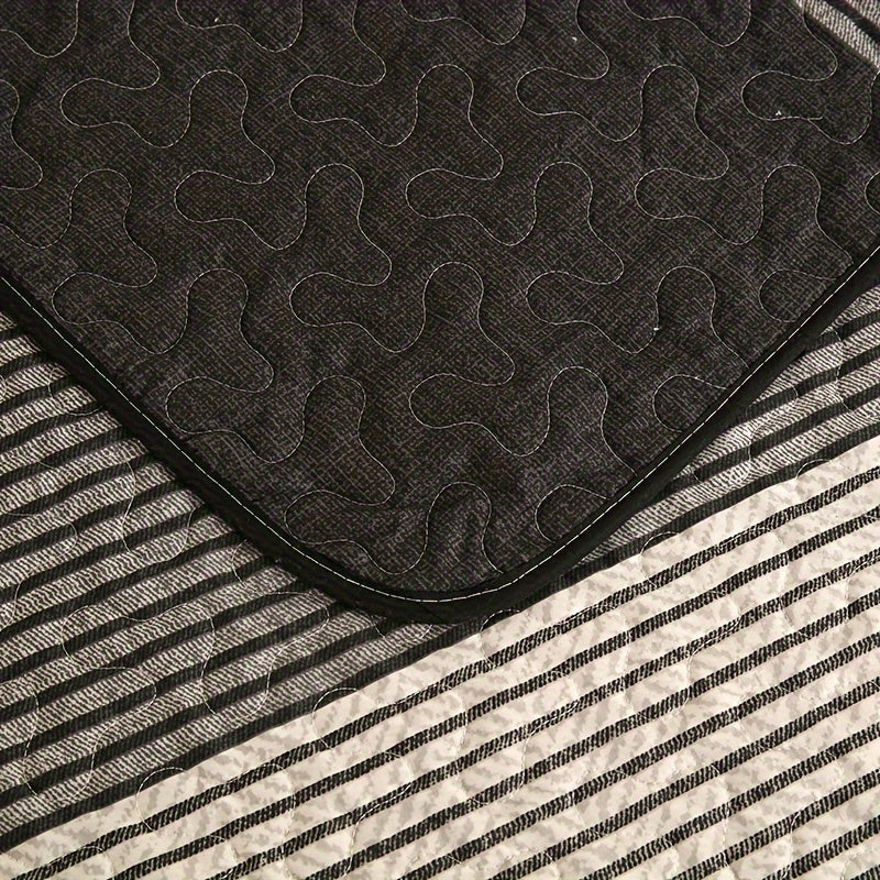 Striped Quilted Coverlet Set 3 Piece – Brushed Soft Warm Black Grey White Bedspread with 2 Pillowcases for Bedroom & Guest Room, No Insert