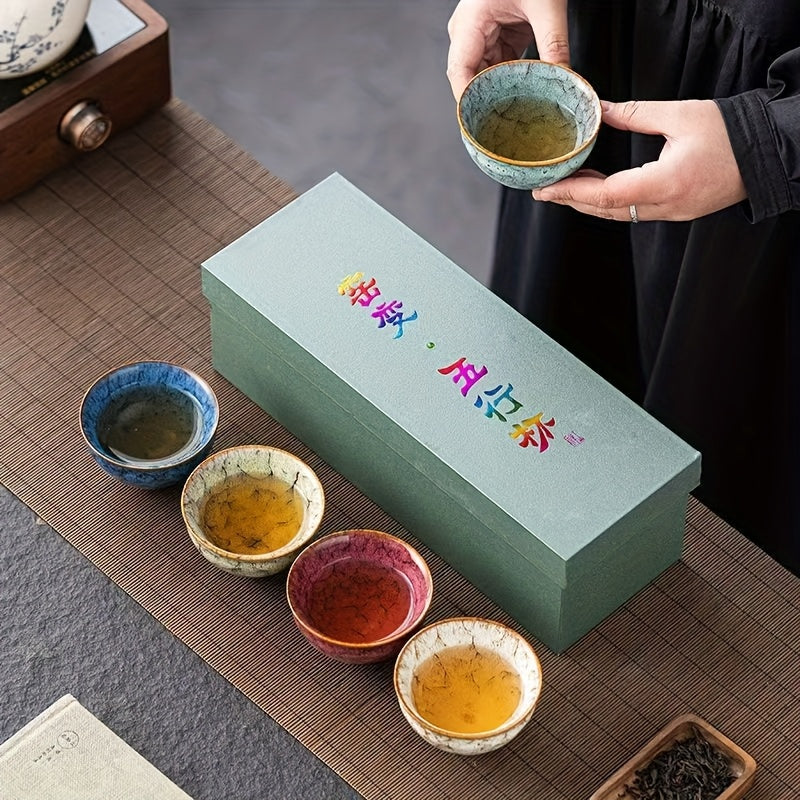 Handmade Kiln-Fired Ceramic Kung Fu Tea Cups Set of 5 – Jianzhan Style Five-Element Teacups in Five Colors with Gift Box
