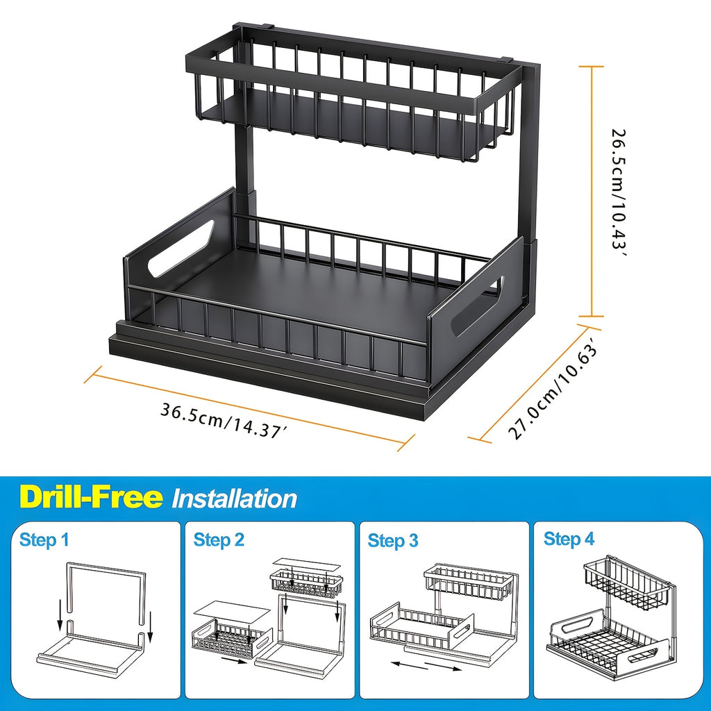 Under Sink Organizer 2-Pack 2-Tier Slide-Out Pull-Out Cabinet Shelf - Heavy Duty Carbon Steel with Adjustable Compartments for Kitchen, Bathroom, Pantry & Closet Organization