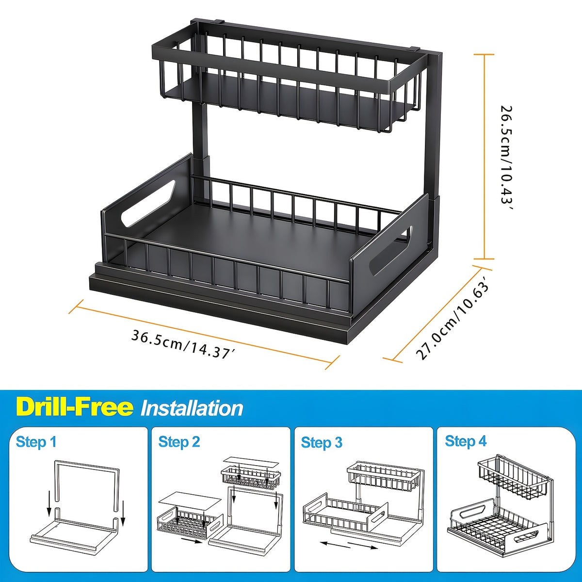 Under Sink Organizer 2-Pack 2-Tier Slide-Out Pull-Out Cabinet Shelf - Heavy Duty Carbon Steel with Adjustable Compartments for Kitchen, Bathroom, Pantry & Closet Organization