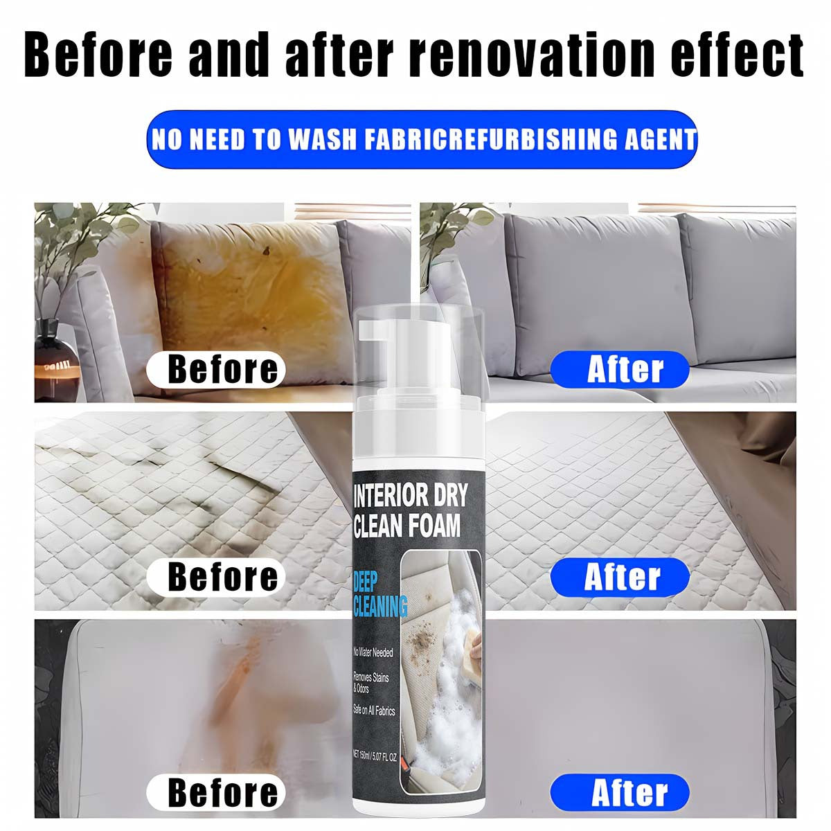 No-Water Fabric & Upholstery Stain Remover 150ml – Safe Dry Cleaner for Sofas, Mattresses, Carpets, Clothing & Curtains, Powerfully Breaks Down Stains, No Rinse Needed, Easy to Use