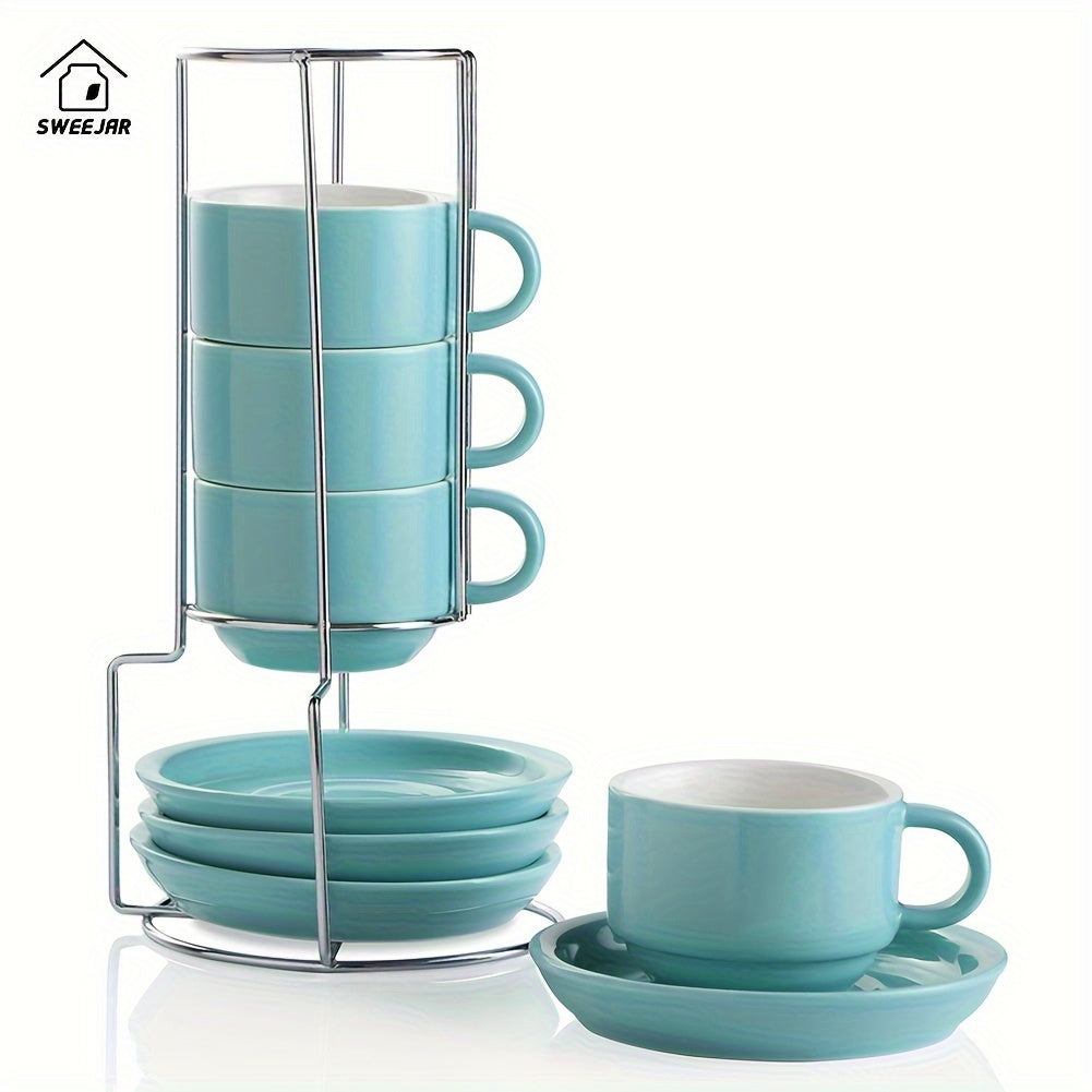 Porcelain Espresso Cups with Saucers 4oz – Set of 4 Stackable Cappuccino Cups with Metal Display Stand for Coffee, Latte & Tea