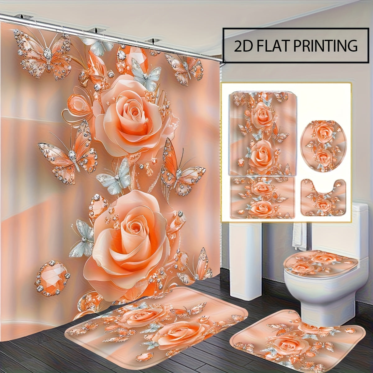 Flower Shower Curtain Set 4pcs – Abstract Floral Bathroom Curtain with 12 Hooks, Bath Mat, U-Shape Mat & Toilet Seat Cover, Modern Bathroom Decor
