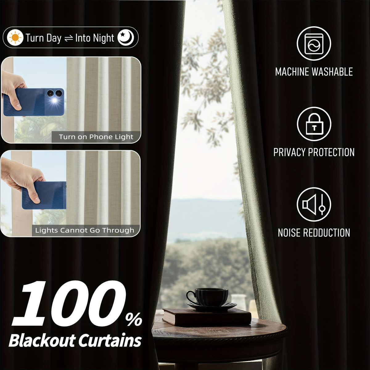 Faux Linen Blackout Curtains 2 Panels for Bedroom & Living Room – 100% Blackout, Back Tab & Rod Pocket, Thermal Insulated Farmhouse Drapes