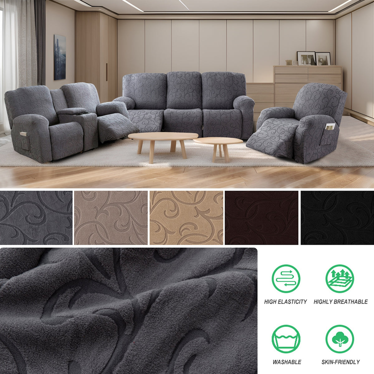 Stretch Recliner Sofa Slipcover Set of 4, Washable Couch Protector for Single Reclining Sofa with Elastic Base, Furniture Cover for Living Room