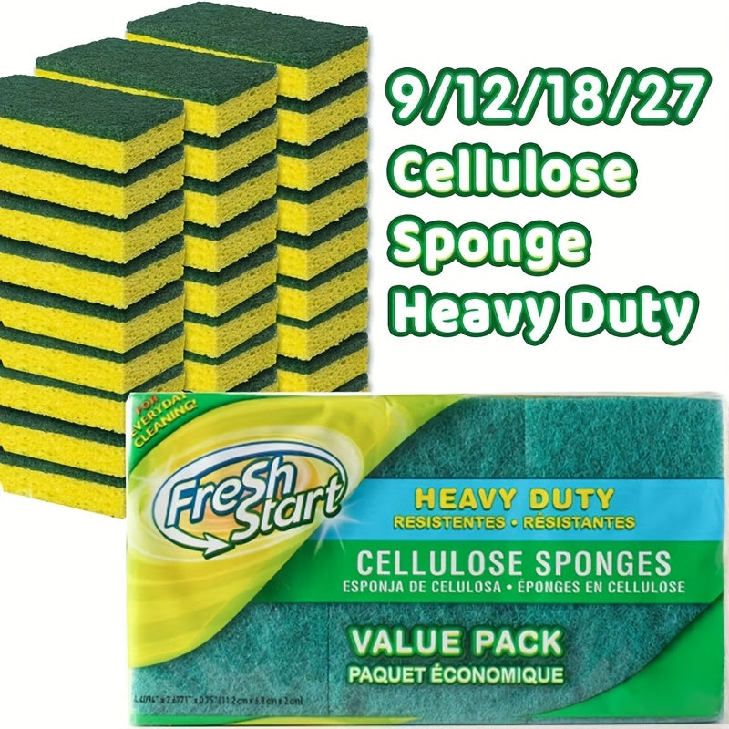 Cellulose Sponges Non-Scratch Dual-Sided with Scouring Pad Bulk Pack 12 18 or 27 Count for Dishes Kitchen Bathroom Glass Non-Stick Cookware
