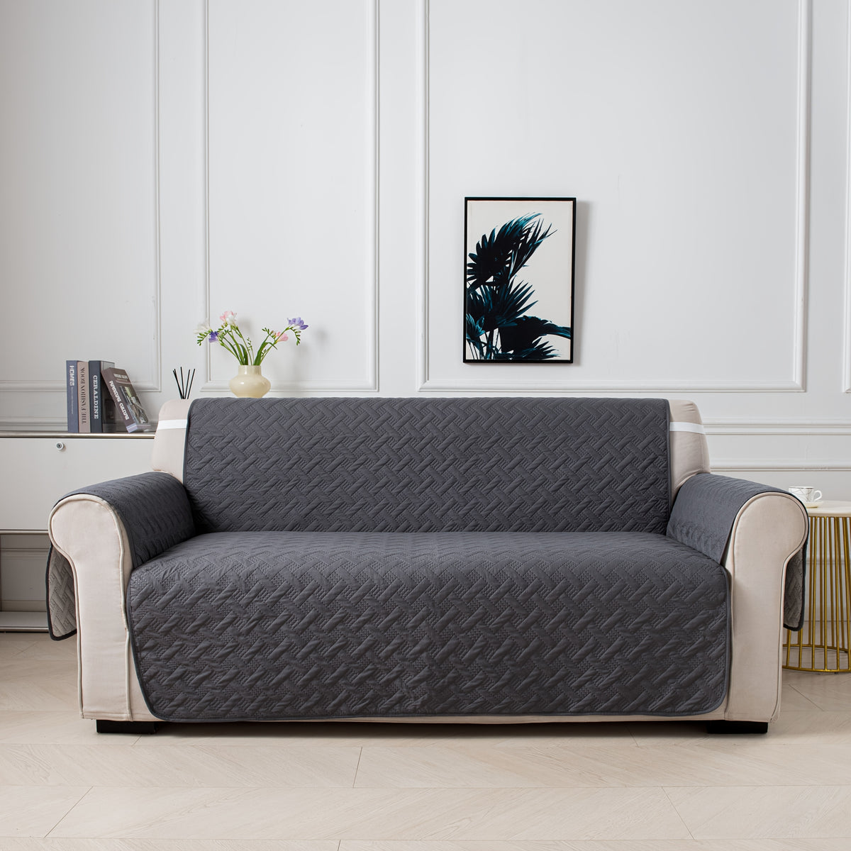 Sofa Cushion Cover with Storage Pocket – Pet-Proof Non-Slip Multi-Function Sofa Protector, All-Season Machine Washable, 1/2/3-Seater, Navy Coffee Off-White Dark Gray