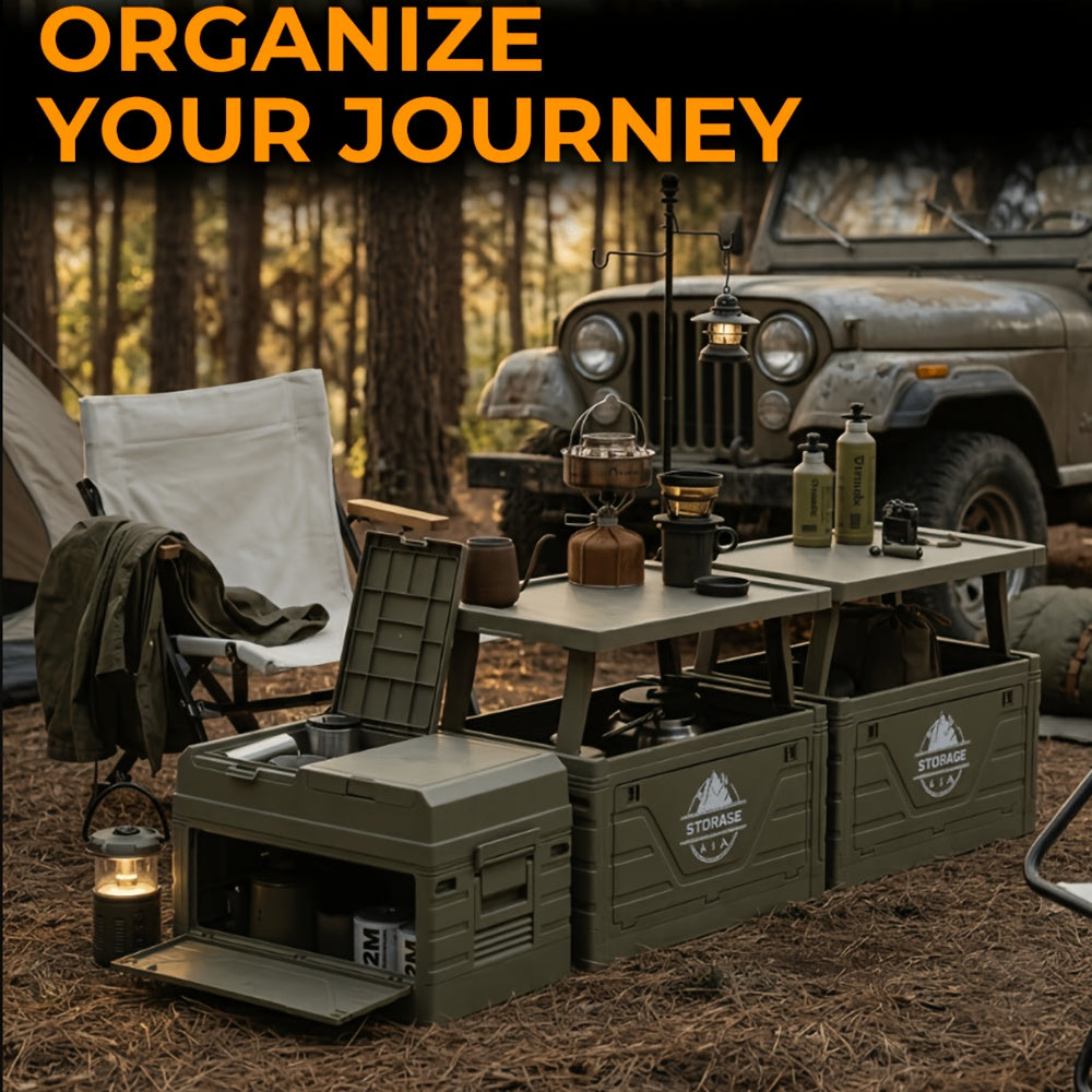 Folding Outdoor Storage Box Collapsible Waterproof Bin – Multifunctional Camping Container Doubles as Table & Seat, Portable Organizer for Picnic Road Trips Car Trunk Backyard
