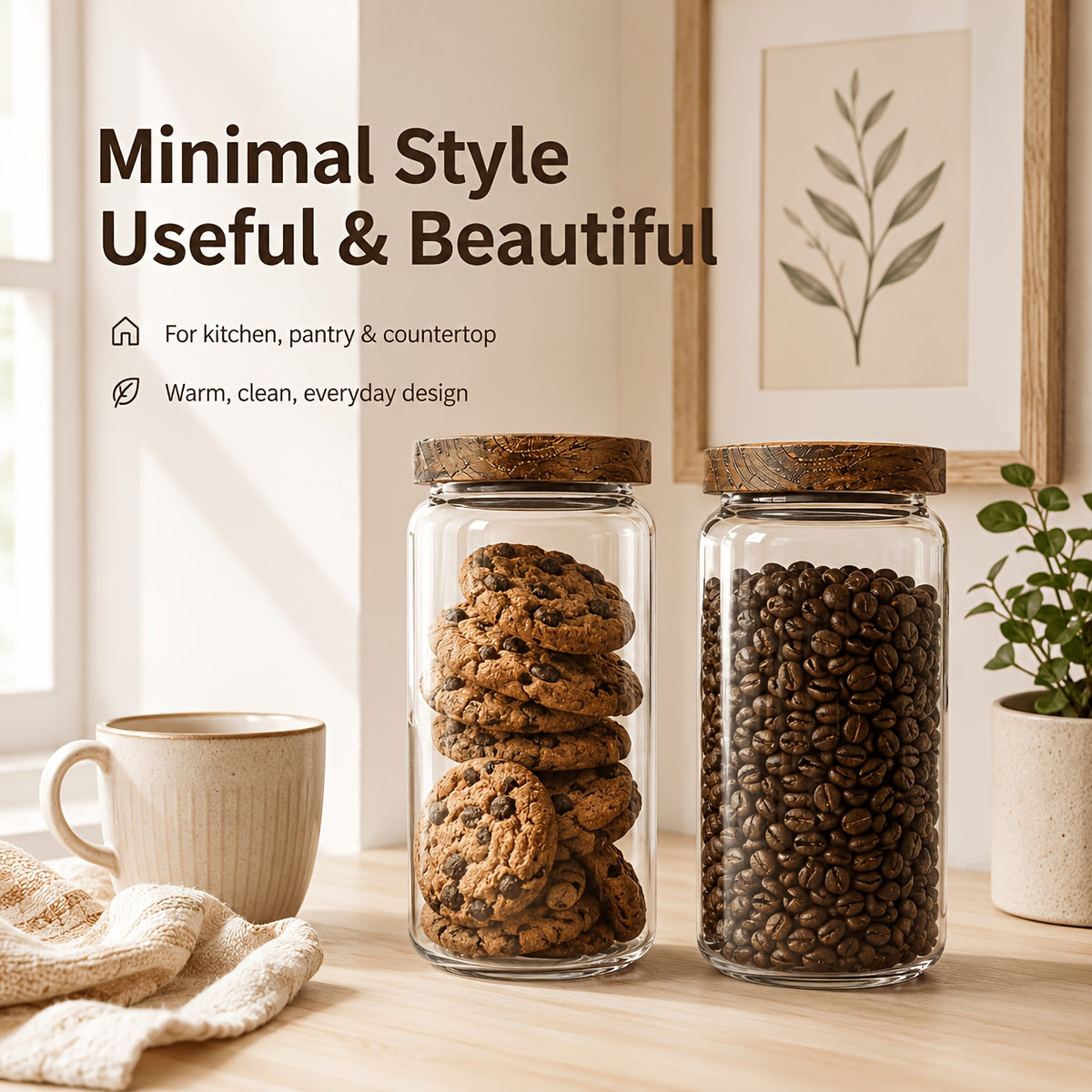 Glass Food Storage Jars with Wooden Lids 4-Piece Set – Airtight Transparent Kitchen Canister Set for Coffee Beans, Spices, Snacks & Dry Goods | 16/25/34/53 oz