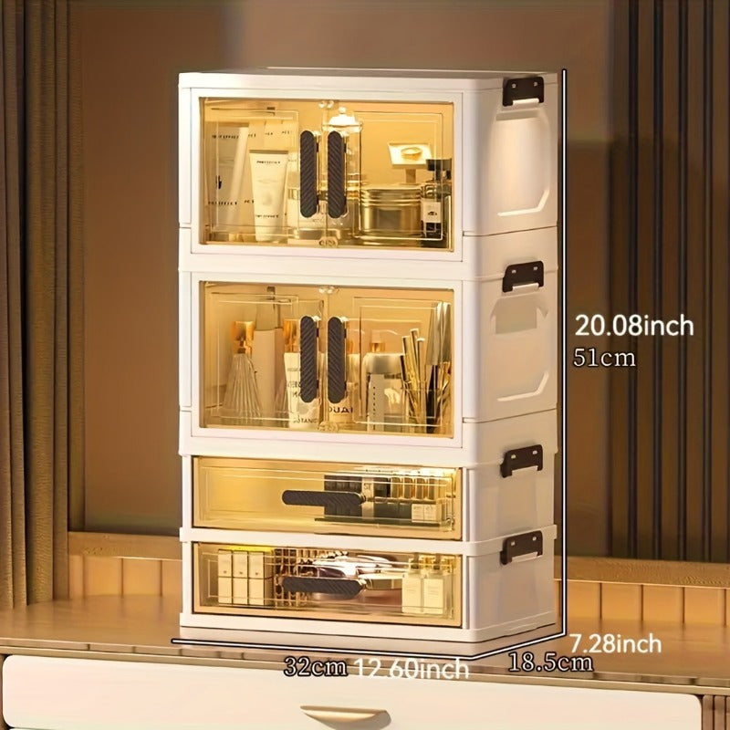 Makeup Organizer with Transparent Drawers 3/4 Tier – Foldable Large Capacity Stackable Cosmetic Storage Cabinet, Retro White & Gold Aesthetic Organizer for Skincare, Documents & Books, Elegant Girl Gift