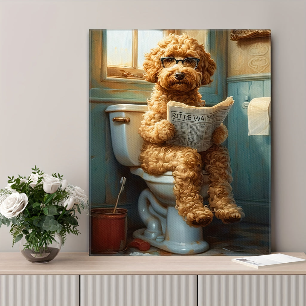 Funny Dog Bathroom Wall Art – Framed Canvas Print Dog on Toilet Reading Newspaper, Humor Bathroom Decor for Dog Lovers, Quirky Animal Poster for Restroom & Powder Room, Ready to Hang