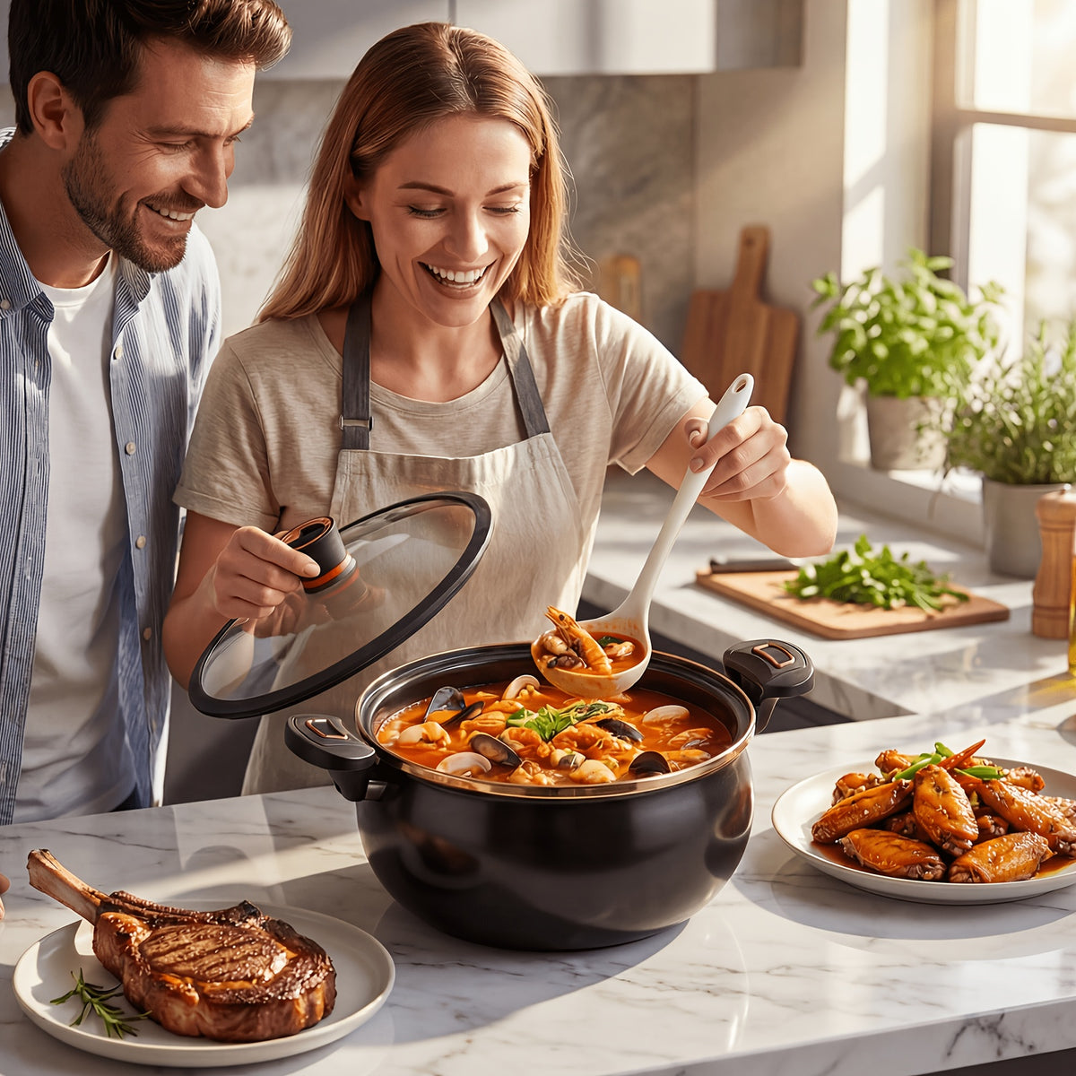 Non-Stick Soup Pot 8.45QT Large Capacity with Twist-Lock Handle Induction Gas Open Fire Universal Stew Pot for Home Restaurant Hotel Black