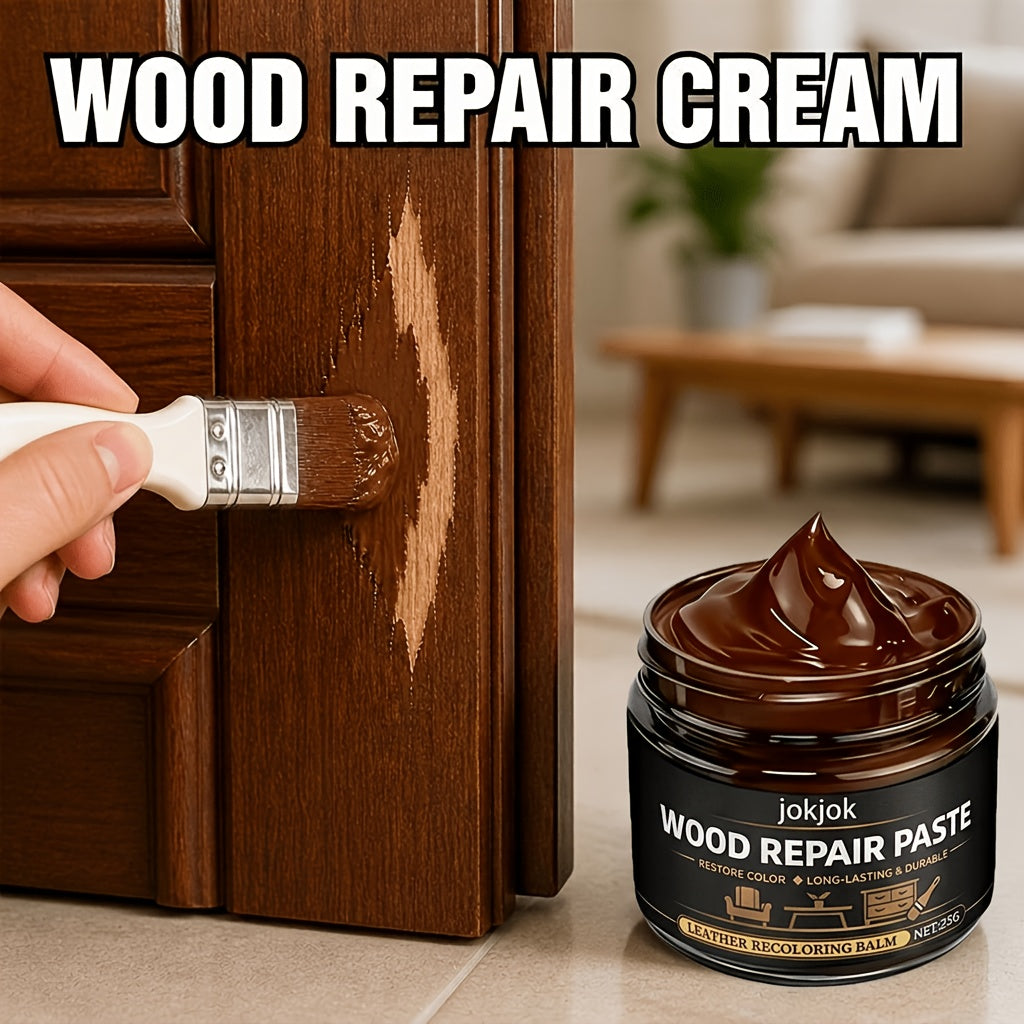 Wood Repair Paste for Furniture – Brown Scratch & Crack Filler for Doors, Cabinets, Tables, Floors & Chairs with Applicator Brush