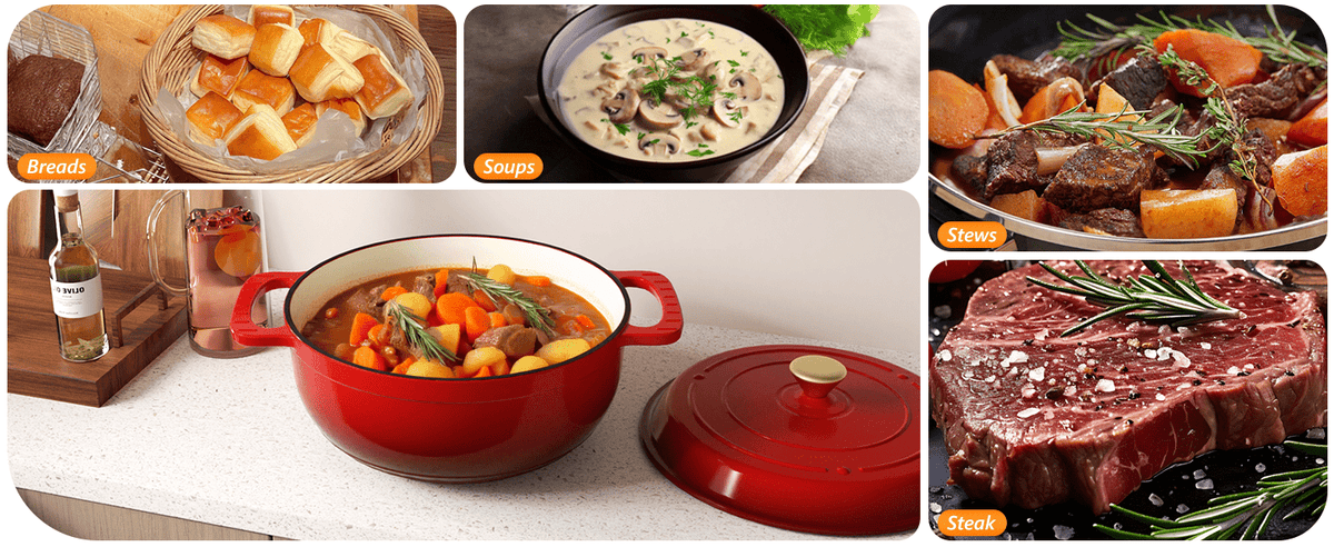 Dutch Oven 5QT 6QT 7.5QT Enameled Cast Iron Cookware with Lid Silicone Handles Oven Safe 500°F Bread Baking Stews Roasts Multiple Colors