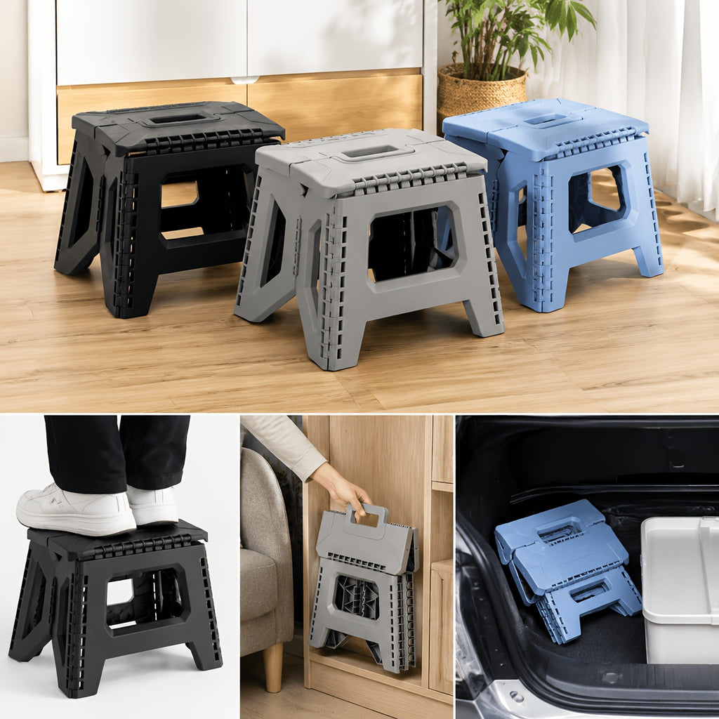 Heavy-Duty Portable Folding Stool 330 LBS Capacity – Compact Square Plastic Step Stool for Camping, Fishing, Picnic, Indoor & Outdoor Use (Black, Grey, Blue)