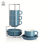 Porcelain Espresso Cups with Saucers 4oz – Set of 4 Stackable Cappuccino Cups with Metal Display Stand for Coffee, Latte & Tea