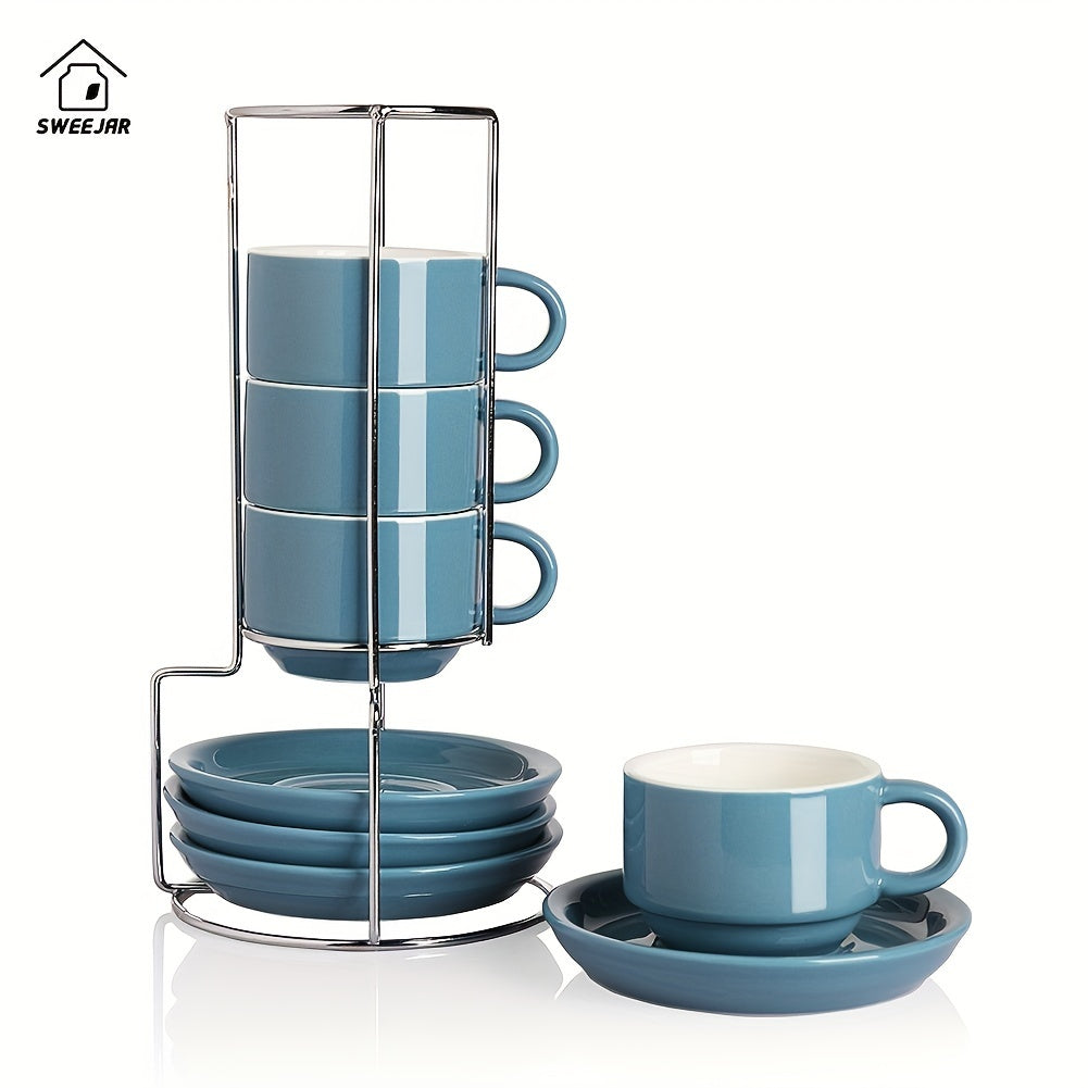 Porcelain Espresso Cups with Saucers 4oz – Set of 4 Stackable Cappuccino Cups with Metal Display Stand for Coffee, Latte & Tea