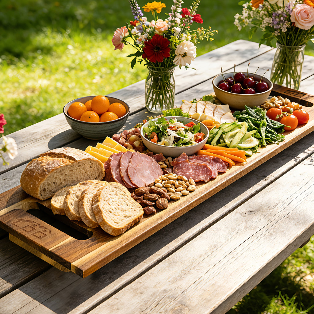 Extra Large Acacia Wood Charcuterie Board 36x12 Inch with Handles and 2 Stands - 3ft Rectangular Cheese and Meat Serving Platter for Party Entertaining - Oversized Grazing Board Gift