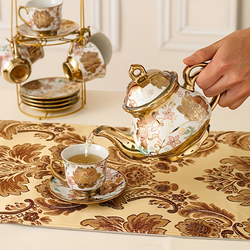 20 Piece Ceramic Tea Set Floral Design – European Afternoon Tea Service with Teapot, Cups, Saucers & Metal Stand – Blooming Style, Gift for Tea Lovers