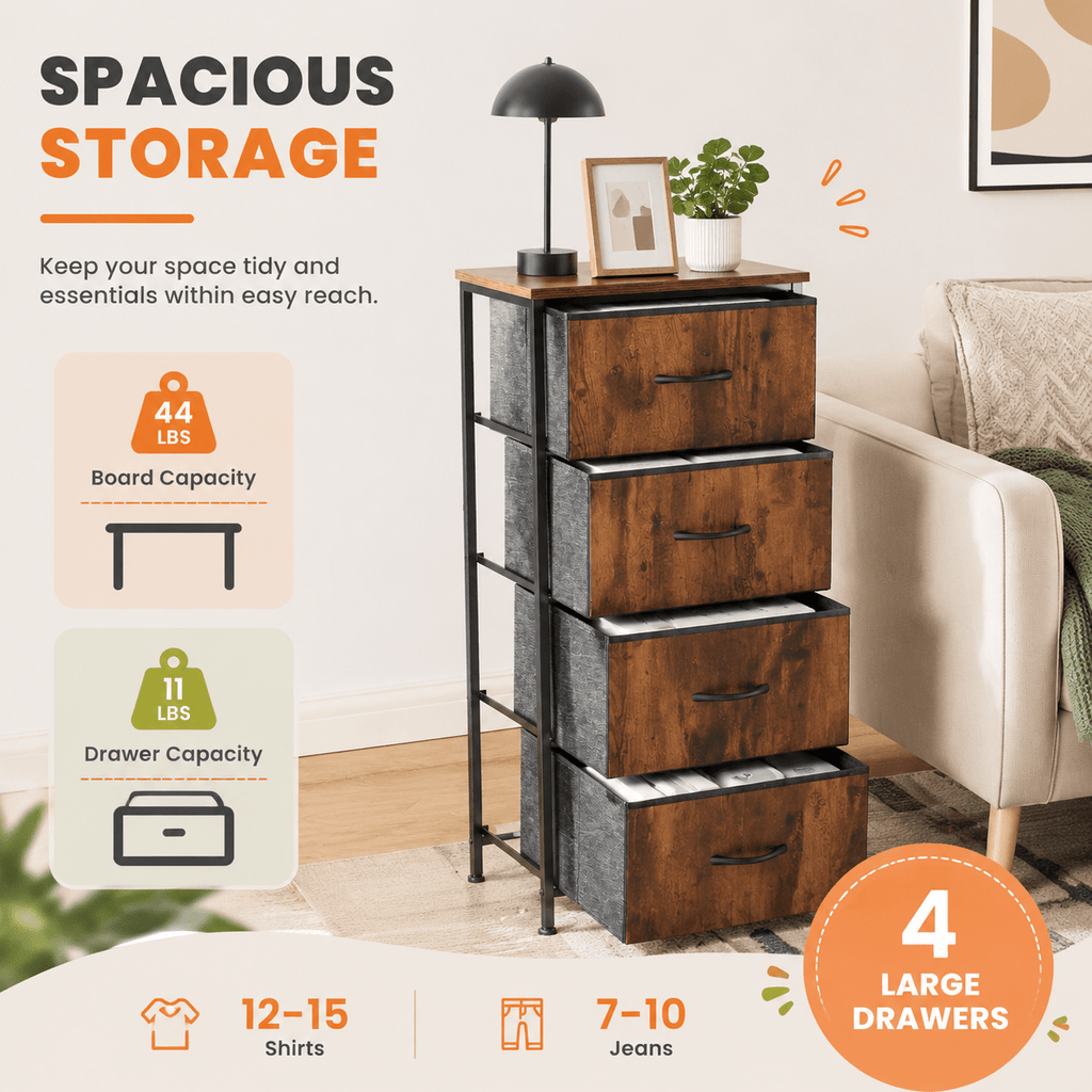 Fabric Dresser with 4 Drawers – Reinforced Edition, Wooden Top & Sturdy Metal Frame, Bedroom Storage Cabinet for Closet, Entryway & Dorm | 6 Colors