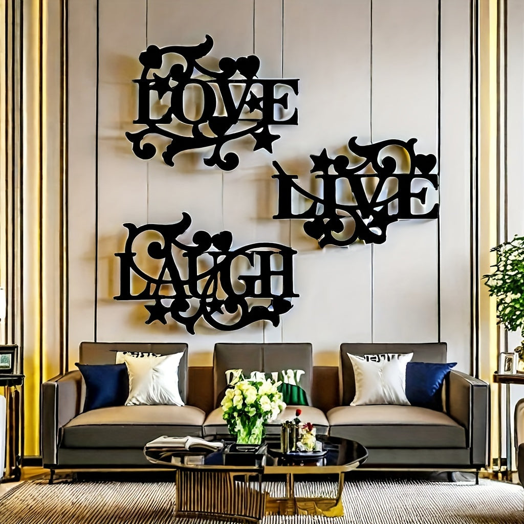 Black Metal Wall Art Love Life Laughter 3 Piece Letter Sign Silhouette Wall Decor for Living Room Bedroom Kitchen Modern Home Decoration