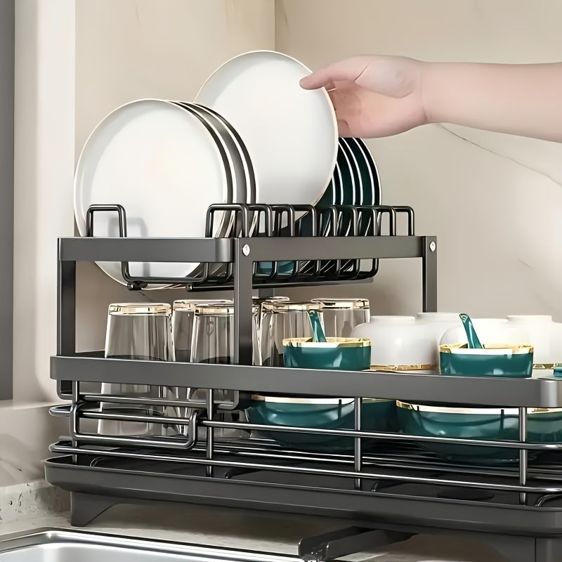 2-Tier Dish Drying Rack with Drainboard - Large Capacity Kitchen Counter Dish Drainer with Utensil Holder - Space-Saving Dish Rack for Kitchen Sink and Counter