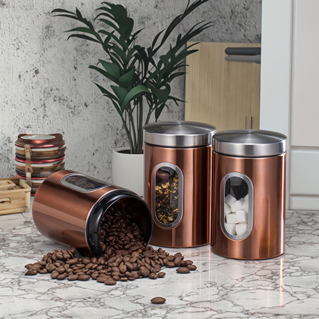 Airtight Stainless Steel Canister Set of 3 – Copper Finish with Visible Window, Round Food Storage Containers for Coffee Beans, Tea, Sugar, Flour & Pantry