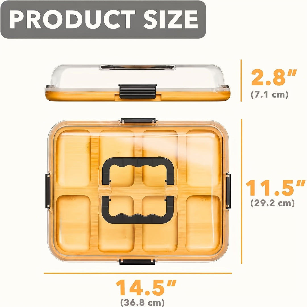 Bamboo Charcuterie Board Cheese Tray with Transparent Acrylic Snap-On Lid 8 Compartment Portable Serving Platter for Parties Camping Holidays