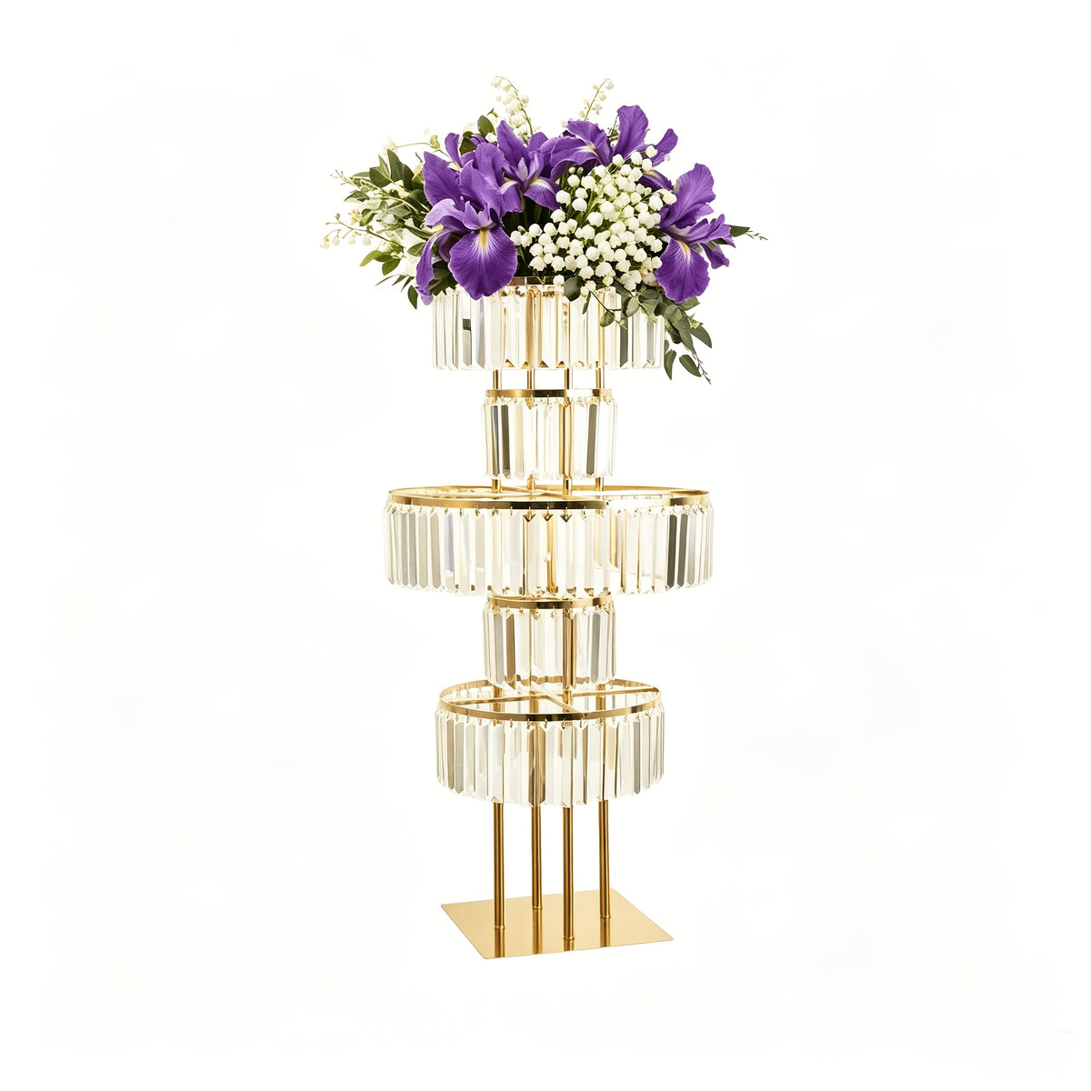 5-Tier Crystal Flower Stand with Hanging Crystals – Round Chandelier Base Wedding Aisle Centerpiece Floral Display for T-Stage Ceremony Party Event Decor