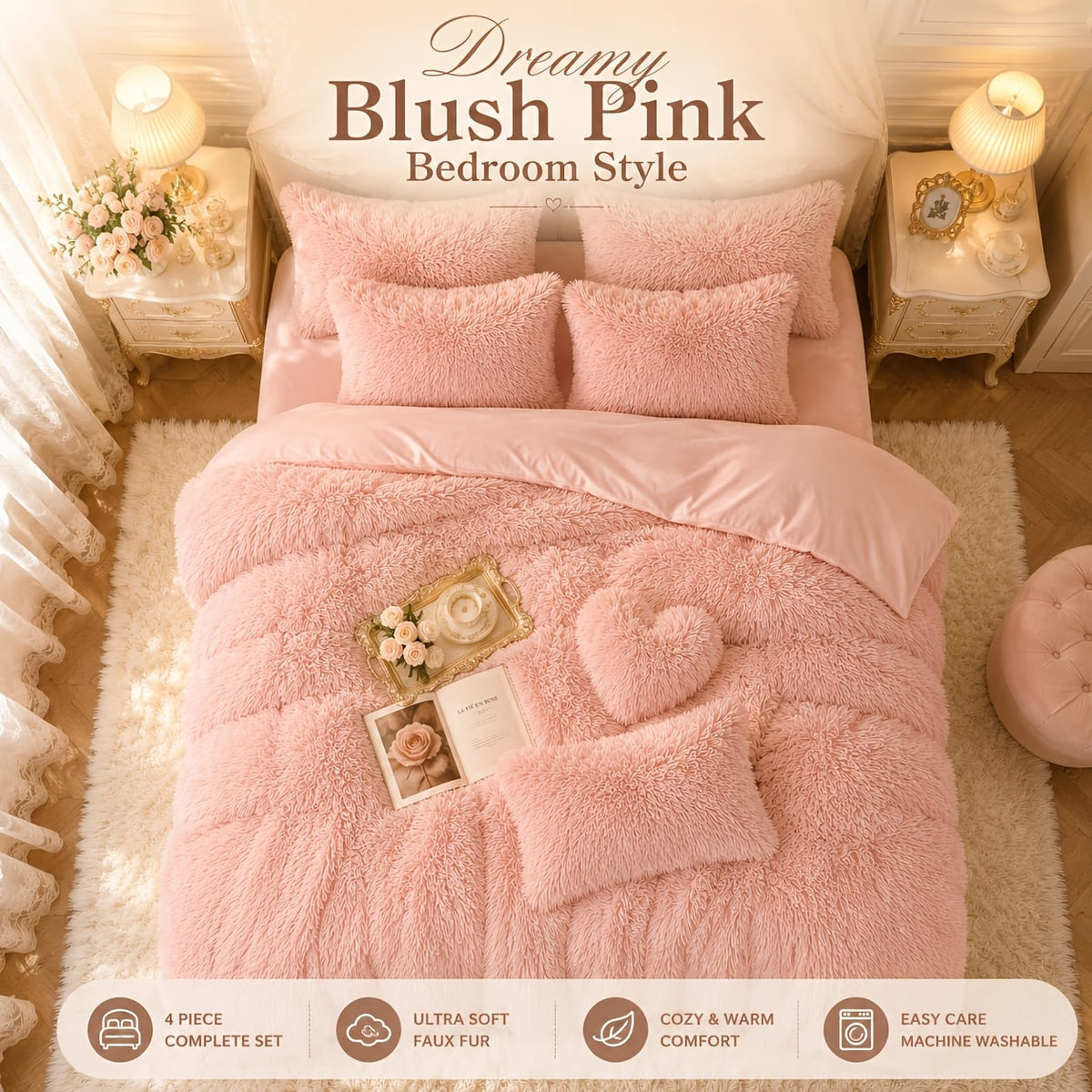 Velvet Duvet Cover Set Queen King Twin - Faux Down Flannel Bedding with Pillowcases & Bonus Heart Pillow, Zipper Closure Plush Thermal All-Season, 8 Colors 3/4-Piece