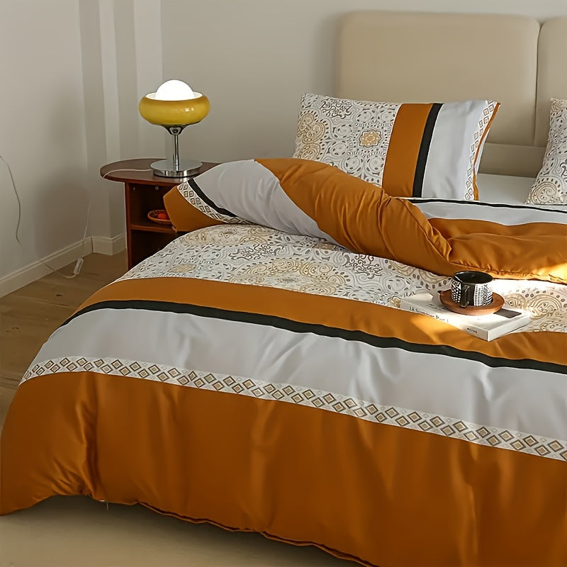 Striped Duvet Cover Set 3 Piece – Orange & Gray Stripe Soft Cozy Bedding, Zip Closure, 1 Duvet Cover + 2 Pillowcases, Machine Washable, All Season, Twin Full Queen King Multiple Sizes
