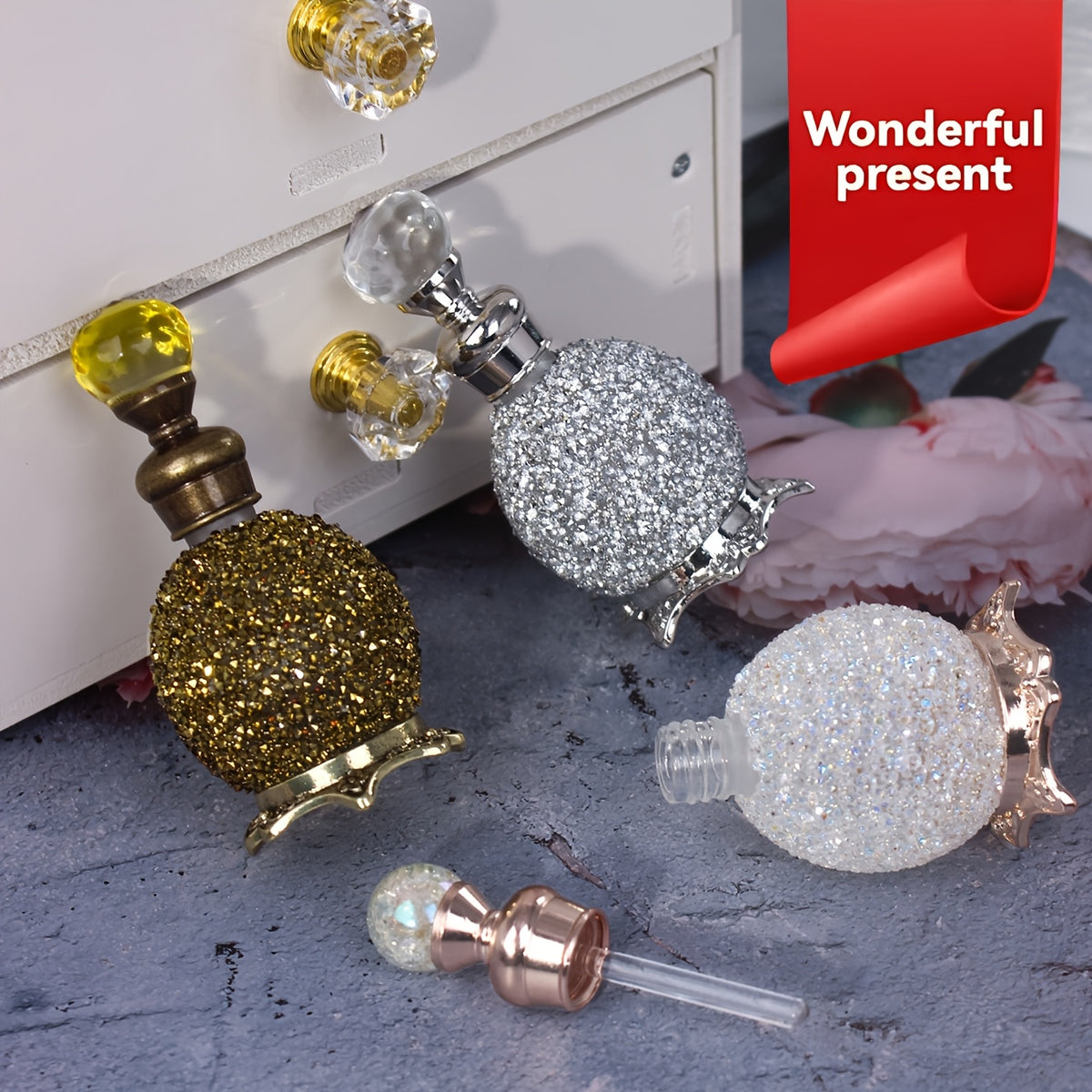 Vintage Crystal Arabic Style Empty Essential Oil Bottle 0.51oz - Portable Imitation Crystal Perfume Vial for Dressing Table, Travel & Gift Decoration