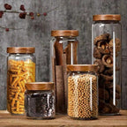 Glass Food Storage Jars with Wooden Lids 4-Piece Set – Airtight Transparent Kitchen Canister Set for Coffee Beans, Spices, Snacks & Dry Goods | 16/25/34/53 oz