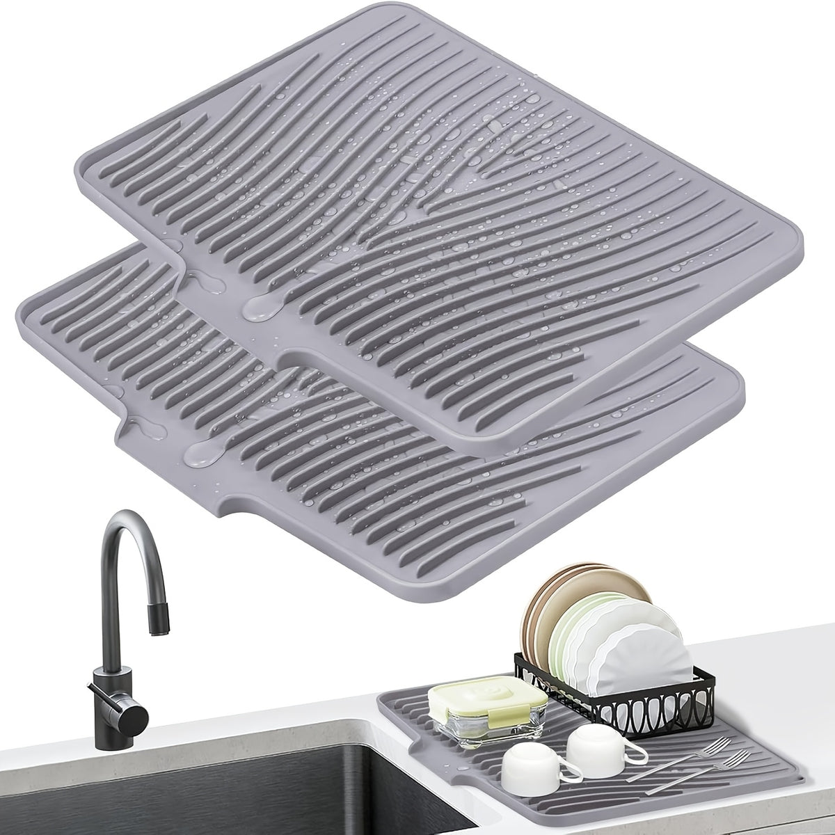 Large Silicone Dish Drying Mat & Drain Pad 34.5x19in – Slope Drainage Design, Heat Resistant, Countertop Protector for Kitchen & Bathroom